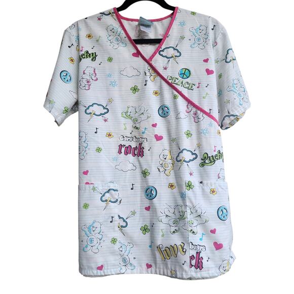Care Bears Scrub Top V Neck Waist Tie Pockets Size Medium Fun Graphics - Picture 1 of 4